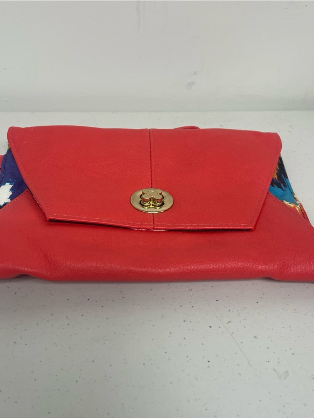 Red Leather Foldover Clutch with Gold Turn-Lock
